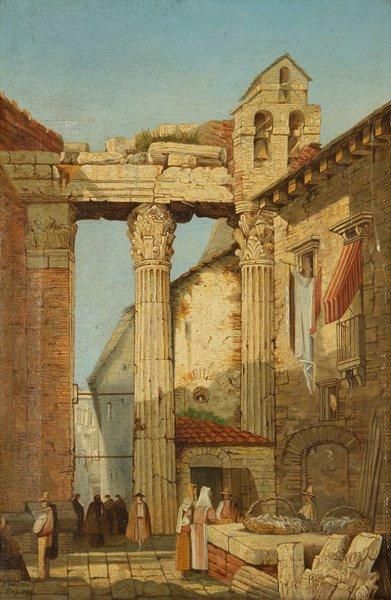 ECOLE ANGLAISE DU XIXe SIÈCLE Vue d'un marché dans des ruines Sur sa toile d'origine...