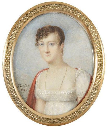Charles Joseph BORDES (Toulouse, 1779 -après 1845?) Femme en robe blanche à pois,...