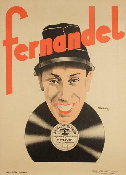 null Fernandel sur disques Polydor chante Octavie. Affiche par Jean-José. 1932. Entoilée....