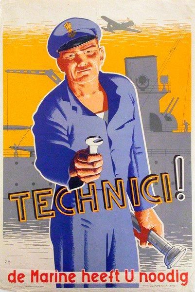 Jimmy de HOLDEN (XXe siècle) Technici de Marine heeft U noodig, vers 1940. Affiche....