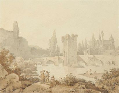 Claude THIÉNON (Paris 1772-1846) Paysans près d?un pont fortifié. Plume et encre...