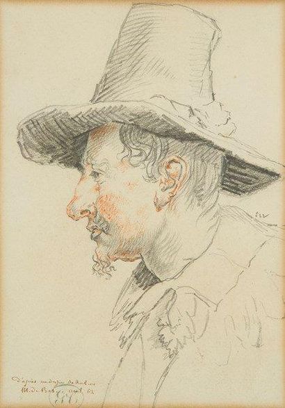 École Française du XIXe siècle Homme au chapeau d?après Rubens, 1862. Dessin à la...