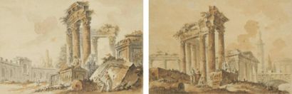 Claude Louis CHATELET (Paris 1753 - 1794) Promeneurs dans les ruines d?un temple...