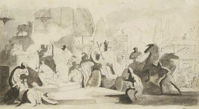 Charles Nicolas COCHIN (Paris 1715-1790) Projet d?illustration: Un char et des divinités...