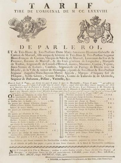 null [DROITS DE LEUDE ET PÉAGES] Tarifs tirés de l'original de 1788, Toulouse. Imprimerie...