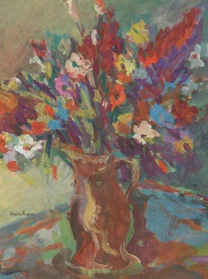Stera BARCHAN (XXe siècle) Vase de fleurs Gouache. Signée en bas à gauche. (Déchirures)....