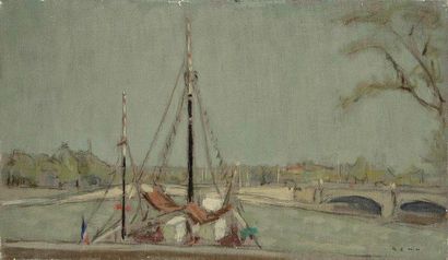 BENN (1905-1989) Sur la Seine Huile sur toile. Signée en bas à droite. 27 x 46 c...
