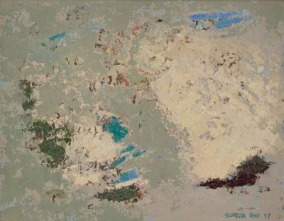 Seund Ja Rhee (1918-2009) Composition, 1957 Huile sur carton toilé. Signée et datée...