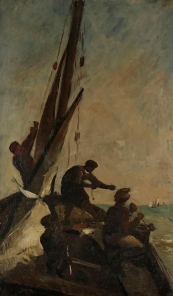 Karl DAUBIGNY (1846-1886) Pêcheurs à bord d?un bateau. Huile sur toile. Signée en...