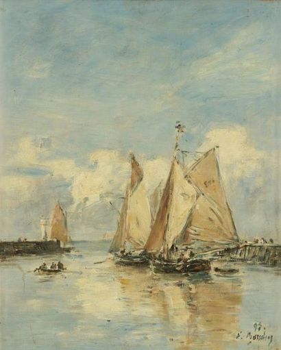 Eugène BOUDIN (1824-1898) Trouville, Sortie des barques, 1895
Huile sur panneau.
Signé...
