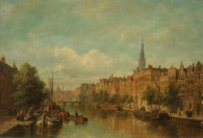 Justin-Pierre OUVRIE (1808-1897) Le canal du Musée à Amsterdam, 1868. Huile sur toile....