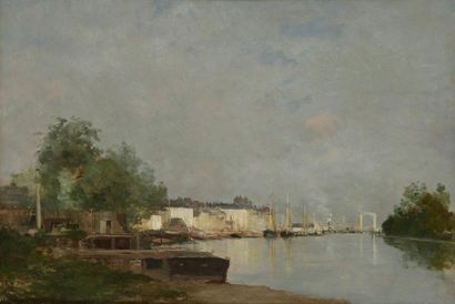 STANISLAS LEPINE (1835-1892) La Seine à Rouen. Huile sur toile. Signée en bas à gauche....
