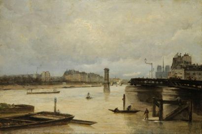 STANISLAS LEPINE (1835-1892) Paris, la Seine vue du Port de l?Arsenal. Huile sur...