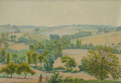 Charles LACOSTE (1870-1959) Personnages dans un paysage arboré, 1918. Huile sur toile....