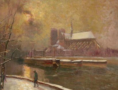 Elie Anatole PAVIL (1873-1944) Paris, Coucher de soleil sur Notre-Dame en hiver....