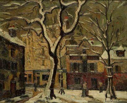 Pierre DUMONT (1884-1936) La Place du Tertre sous la neige. Huile sur toile. Signée...