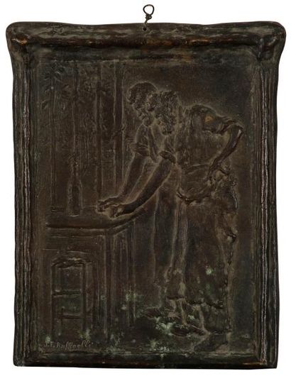 Jean-François RAFFAELLI (1850-1924) Les forgerons buvant. Plaque en bronze. Signée...