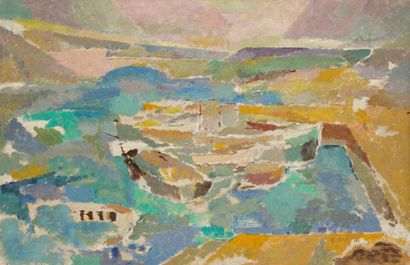 Macario VITALIS [philippin] (1898-1990) Au port, 1961. Huile sur panneau. Signée...