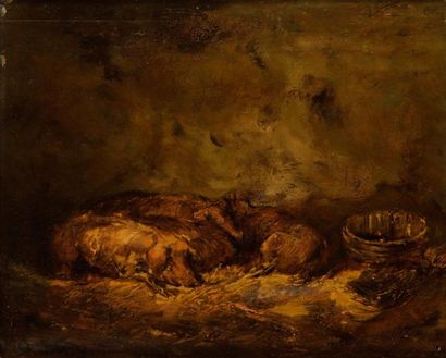 Charles-Emile JACQUE (1813-1894) Cochons dans la porcherie. Huile sur panneau. Signée...