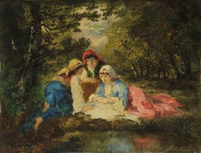 Paul VERNON (1796-1875) Trois jeunes femmes dans un sous-bois, 1877. Huile sur panneau....