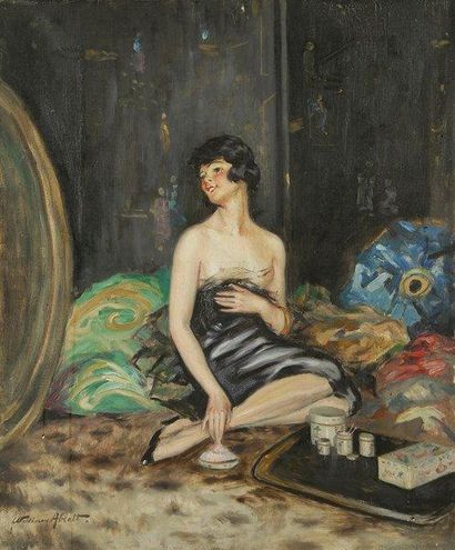 William ABLETT (1877-1936) Dernier maquillage, 1920 Huile sur toile. Signée en bas...