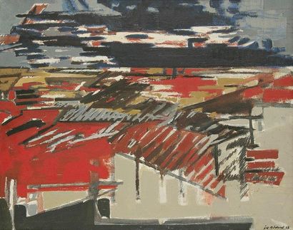 Jean-Claude BEDARD (1928-1987) Paysage au crépuscule, 1957 Huile sur toile. Signée...