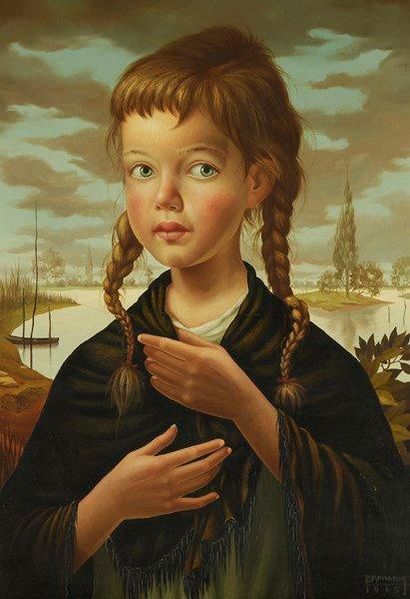 Philippe BONAMY (né en 1926) Petite fille au lac, 1965 Huile sur toile. Signée et...