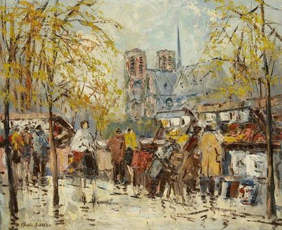 Mério AMEGLIO (1897-1970) Paris, les bouquinistes près de Notre-Dame, 1952 Huile...
