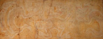 null Tissu peint représentant un chaman encadré par deux félins. La scène en symétrie...
