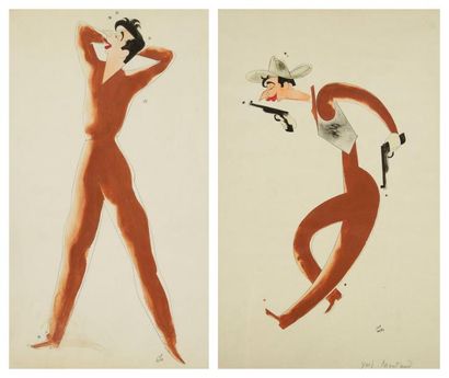 [Yves MONTAND]. Jan MARA (1912-1992) 2 Dessins originaux à l'encre de Chine, aquarelle...