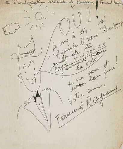 Fernand RAYNAUD (1926-1973) Dessin avec note autographe signée; feutre noir, 28x23cm...