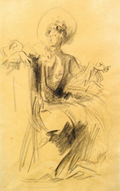 Jules Chéret [Elégante en chapeau assise, de face]. Vers 1900-1910. Dessin à la pierre...