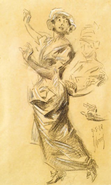 Jules Chéret [Jeune femme en bonnet, dansant]. 1918. Dessin à la pierre noire avec...