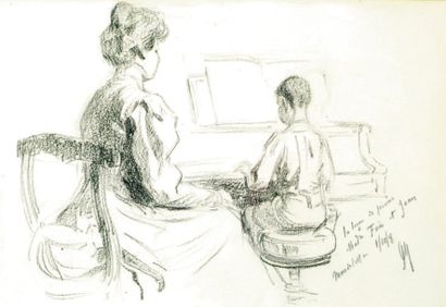 Jules Chéret La Leçon de Piano. 1908. Dessin à la pierre noire sur vergé blanc.Titré...