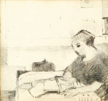 Paul DELVAUX (1897-1994) Femme lisant Esquisse à la mine de plomb sur papier de carnet....