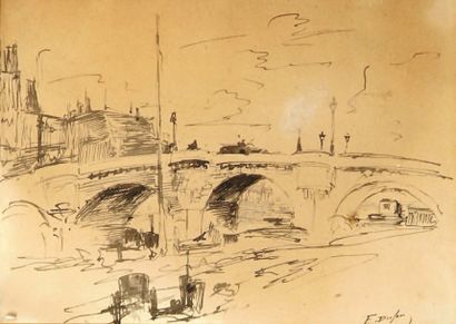 Édouard-Jacques DUFEU (1840-1900) Pont à Paris Plume et lavis. 22 x 30 cm