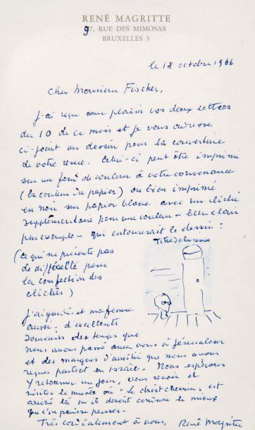 René MAGRITTE (1898-1967) LAS enrichie d'un dessin à l'aquarelle, 18 octobre 1966...
