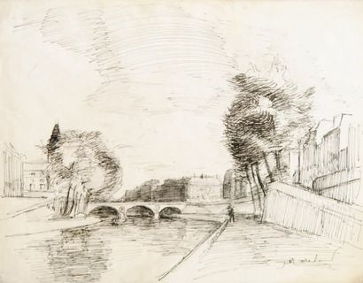Jean MARCHAND (1882-1941) Canal Dessin à la plume, signé en bas à droite. 38 x 52...
