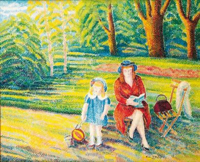 Pierre DE BELAY (1890-1947) Mère et enfant au Luxembourg Huile sur toile, signée...