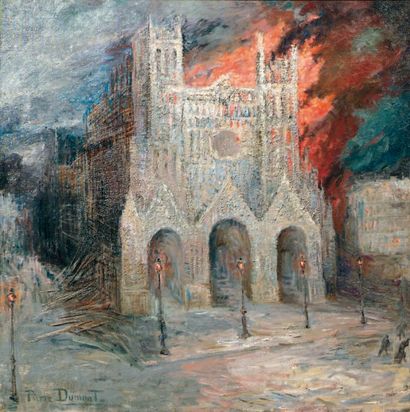 Pierre DUMONT (1884-1936) La cathédrale de Reims en flammes la nuit Huile sur toile....