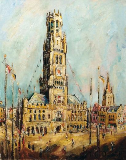 Pierre DUMONT (1884-1936) Le beffroi de Bruges, 21 juillet 1929, fête nationale Huile...