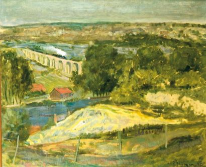 Pierre GRIMM (1898-1979) Paysage au train, 1930 Huile sur toile, signée et datée...