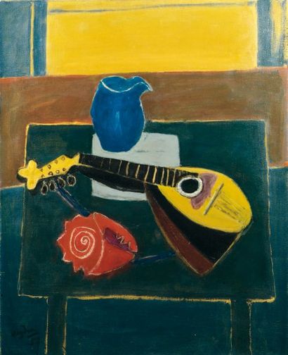 Henri HAYDEN (1883-1970) Composition à la mandoline, au coquillage et au pichet bleu...
