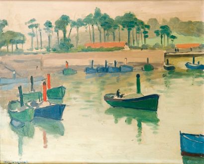 Albert Marquet (1875-1947) Bateaux dans le port, Saint-Jean-de-Luz Huile sur panneau,...