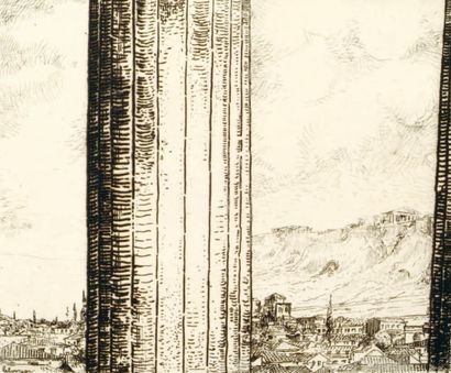 Jean-Emile LABOUREUR L'Acropole vu du Temple de Thésée. 1912. Dessin préparatoire...