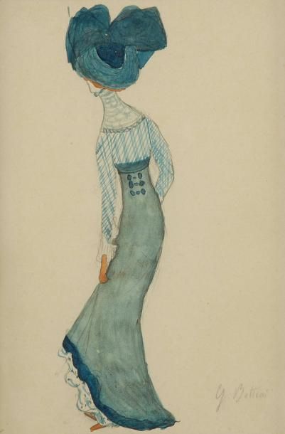 GEORGE BOTTINI (1874-1907) Élégante en bleu de dos, vers 1895-1896. Dessin à l'encre...