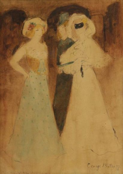 GEORGE BOTTINI (1874-1907) Trois personnages au bal masqué, 1897. Aquarelle. Signée...