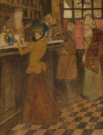 GEORGE BOTTINI (1874-1907) Au café, 1897. Aquarelle et encre de chine. Signée et...