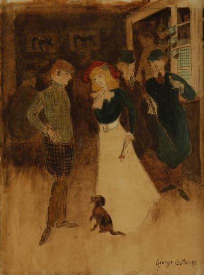 GEORGE BOTTINI (1874-1907) Conversation au chien, 1897. Aquarelle. Signée et datée...