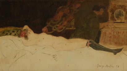 GEORGE BOTTINI (1874-1907) Femme nue allongée, scène de maison close, 1898. Aquarelle....